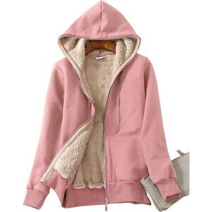 Women's Pink Casual Full Zip Sherpa Lined Hoodie Sweatshirt Jacket Coat